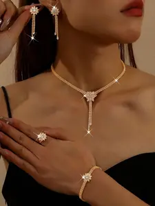 Elegant Minimalist Women's Jewelry Set, Matching Jewelry Set, Luxurious Necklace Earrings Bracelet Combo, Daily Wear Wedding Occasion, Copper Material