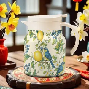 1000ML/33.8oz Tea Pot/coffee Pot, Floral Bird Print Water Jug with Lid, Dual Layer Vacuum Stainless Steel Insulated, Elegant Design for Home Use, Teapot, Kitchen