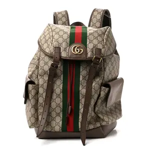 Pre-owned GUCCI Canvas Backpacks GG Supreme Monogram Medium Ophidia Double Buckle Backpack Brown