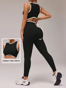 2 Piece Womens Workout Sets Seamless Crop Tank Top High Waist Leggings Contrast Trim Padded Racerback Bra Yoga Outfits