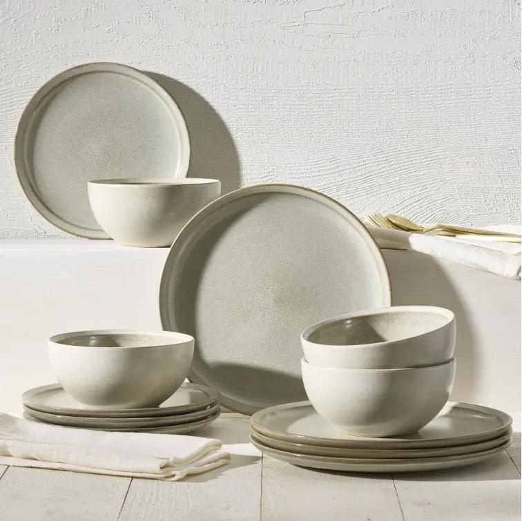 Banks Cream 12-Piece Stoneware Dinnerware Set - Includes Tableware, Plates, and Dishes for Home Dining