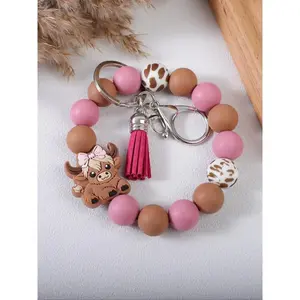 Cute Farm Style Beaded Wrist Keychain, Multiple Colors Available, Spot Pattern Beads with Bow Cow Design, Perfect Gift for Friends & Family