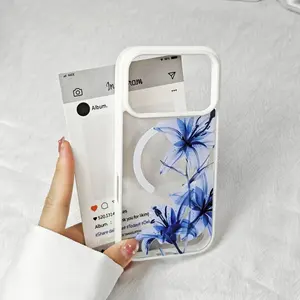 Magnetic phone case for iPhone models featuring a cute lily flower design with a summery Hawaiian vibe Transparent shock-resistant protective case perfect for girls and women – Blue