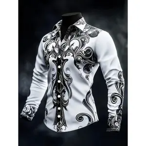 Retro Court Style Print Shirt Men's Trendy Brand Personality Party & Banquet Stand Collar Shirt