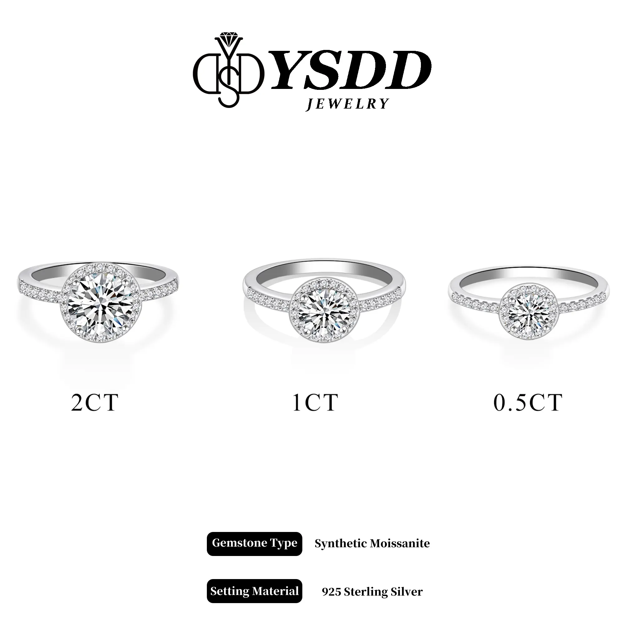 【#14 Classic】Round Halo Synthetic Moissanite Ring in 925 Sterling Silver for Women 0.5-2carat D Color VVS1 Clarity Synthetic Moissanite Size 4.75-9 gift