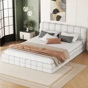 Queen Size Upholstered Bed Frame with Headboard, Queen Platform Bed Frame with Slats, No Box Spring Needed, Berber Fleece