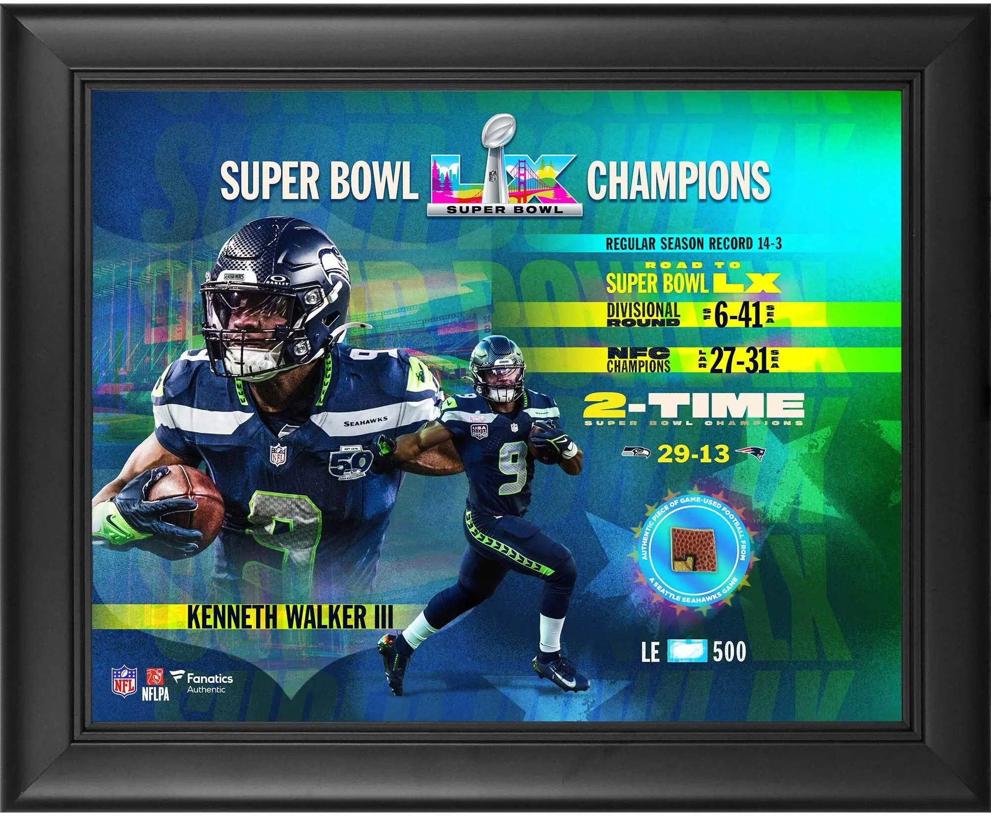 Kenneth Walker III Framed 13" x 16" Super Bowl LX Champions Collage with a Piece of Game-Used Football - Limited Edition of 500 - Fanatics Authentic Certified