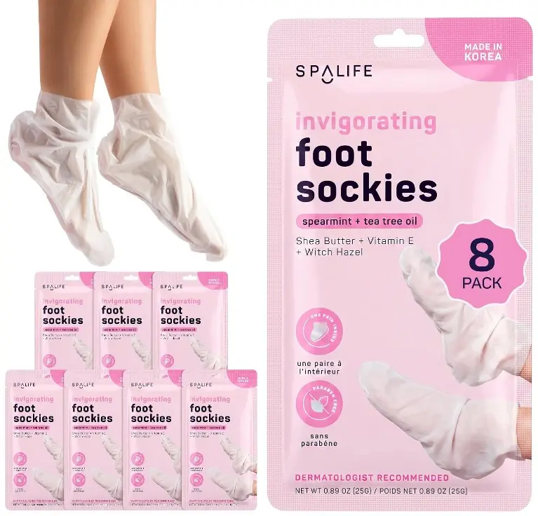 SpaLife Moisturizing Foot Sockies | Foot Mask for Dry Cracked Feet | Tea Tree Oil Softening Booties | Callus Remover Alternative | Self Care Gifts for Women | 8 Pack