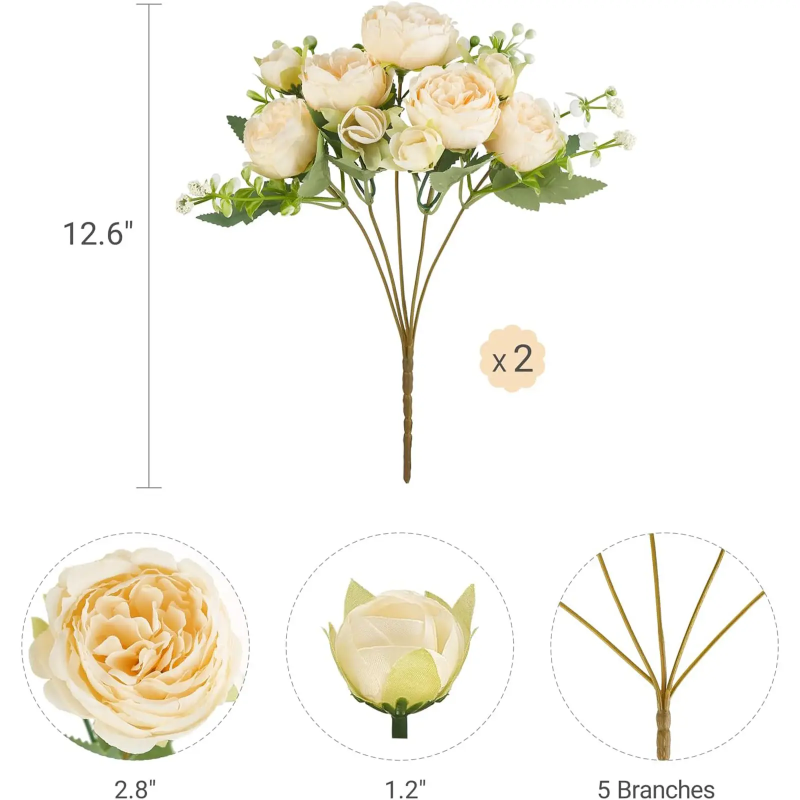2PCS Peonies Artificial Flowers, Small Silk Flowers for Home Decor Indoor Fake Bouquet Faux Floral Arrangements Dining Table Centerpieces for Kitchen Party Decor Champagne