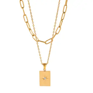 Stainless steel star square pendant double layered necklace