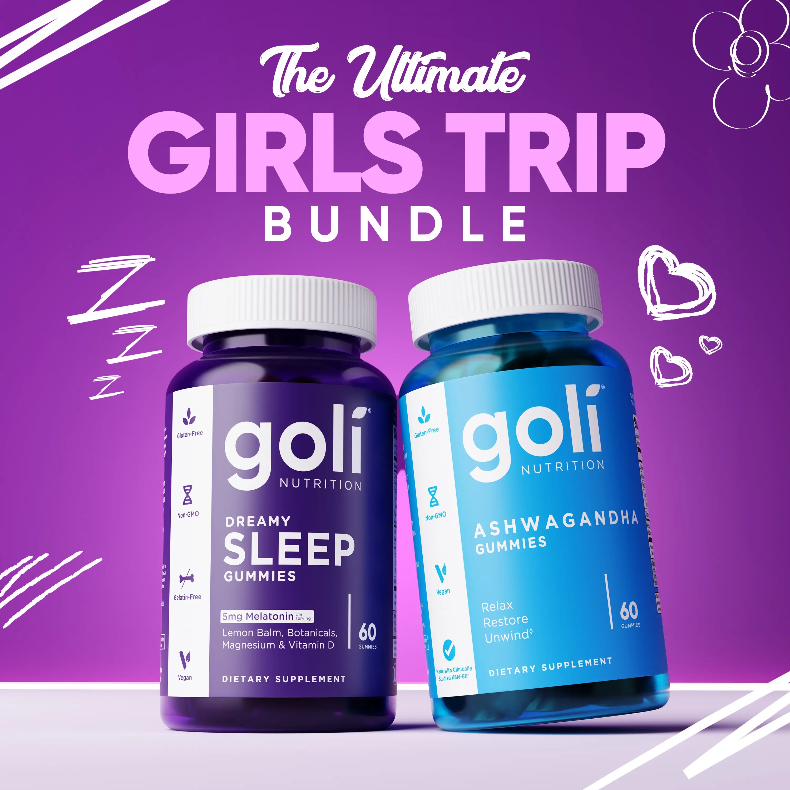 Alle Brean Reset & Relax Bundle - Goli Dreamy Sleep Gummies with Melatonin, Vitamin D, Magnesium, Lemon Balm Extract & Ashwagandha & Vitamin D Gummies with KSM-66, Gelatin-Free, Gluten-Free, Vegan & Non-GMO