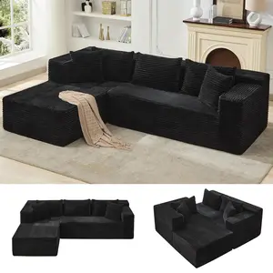 Modular Sectional Sofa, 106 in Comfy Fluffy L Shaped Black Couches for Living Room, Oversized Sofa Sleeper with Deep Seat, No Assembly Required