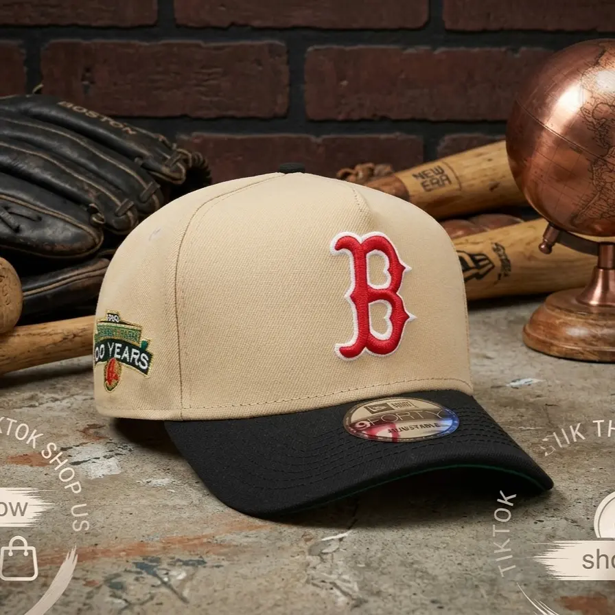 New Era Boston Red Sox 9FORTY Adjustable Baseball Cap Khaki Black Two Tone Fenway Park 100th Anniversary Side Patch Vintage Streetwear Hat Unisex Curved Brim Classic Retro Snapback Gift for Men Women