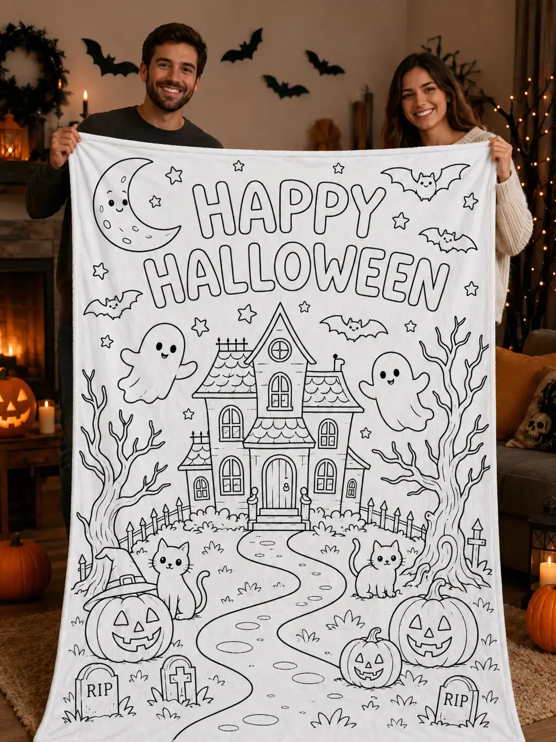 Happy Halloween DIY Coloring Throw Blanket, Soft Flannel Color Your Own Ghost Pumpkin Haunted House Art For Kids Bedroom Family Lounge, Creative Craft Activity Blanket For Movie Night Halloween Gift Children Families