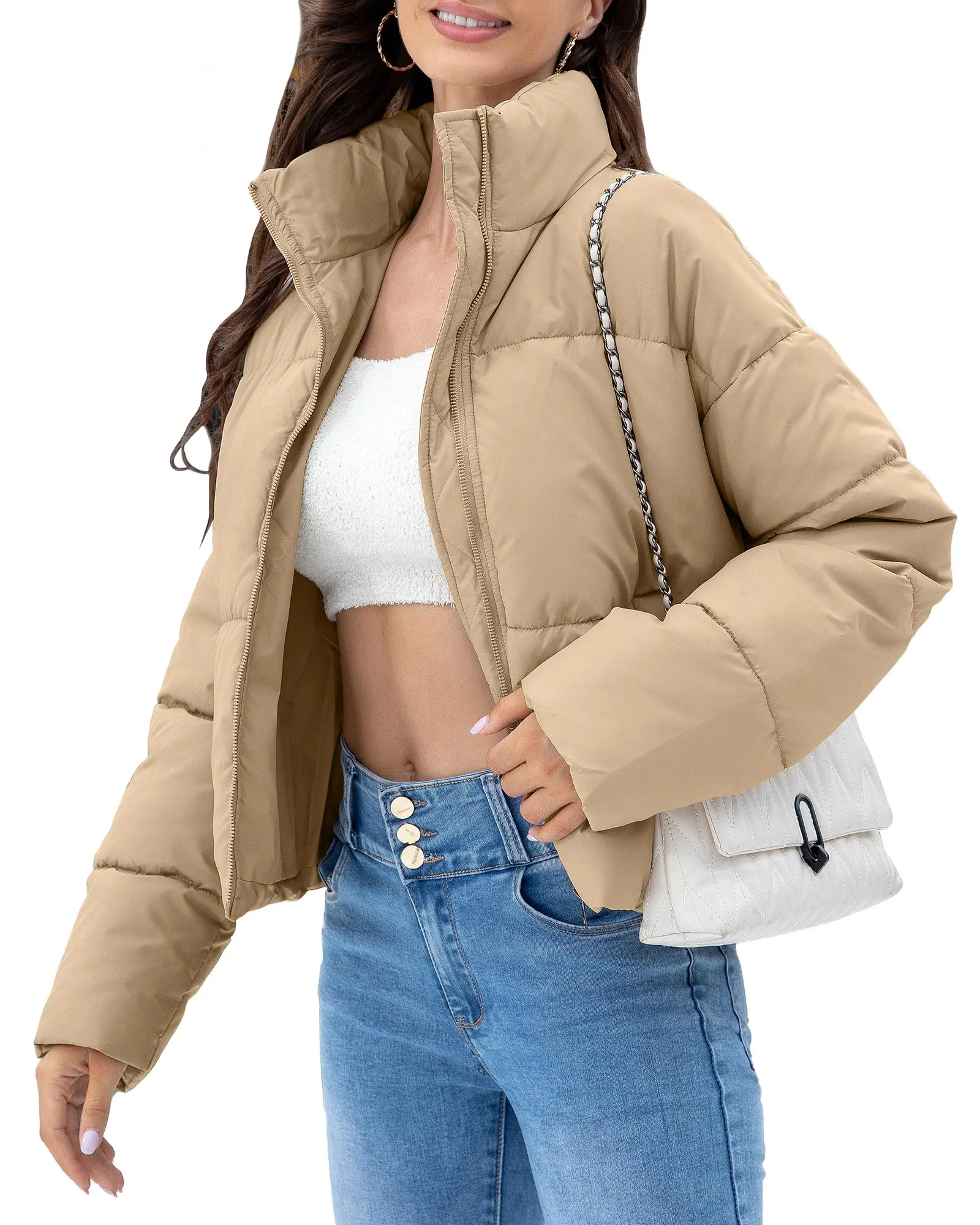 Polu Women's Oversized Padded Puffer Coat, Casual Plain High Neck Winter Outerwear with Long Sleeves and Pockets, Down Jacket, Quilted