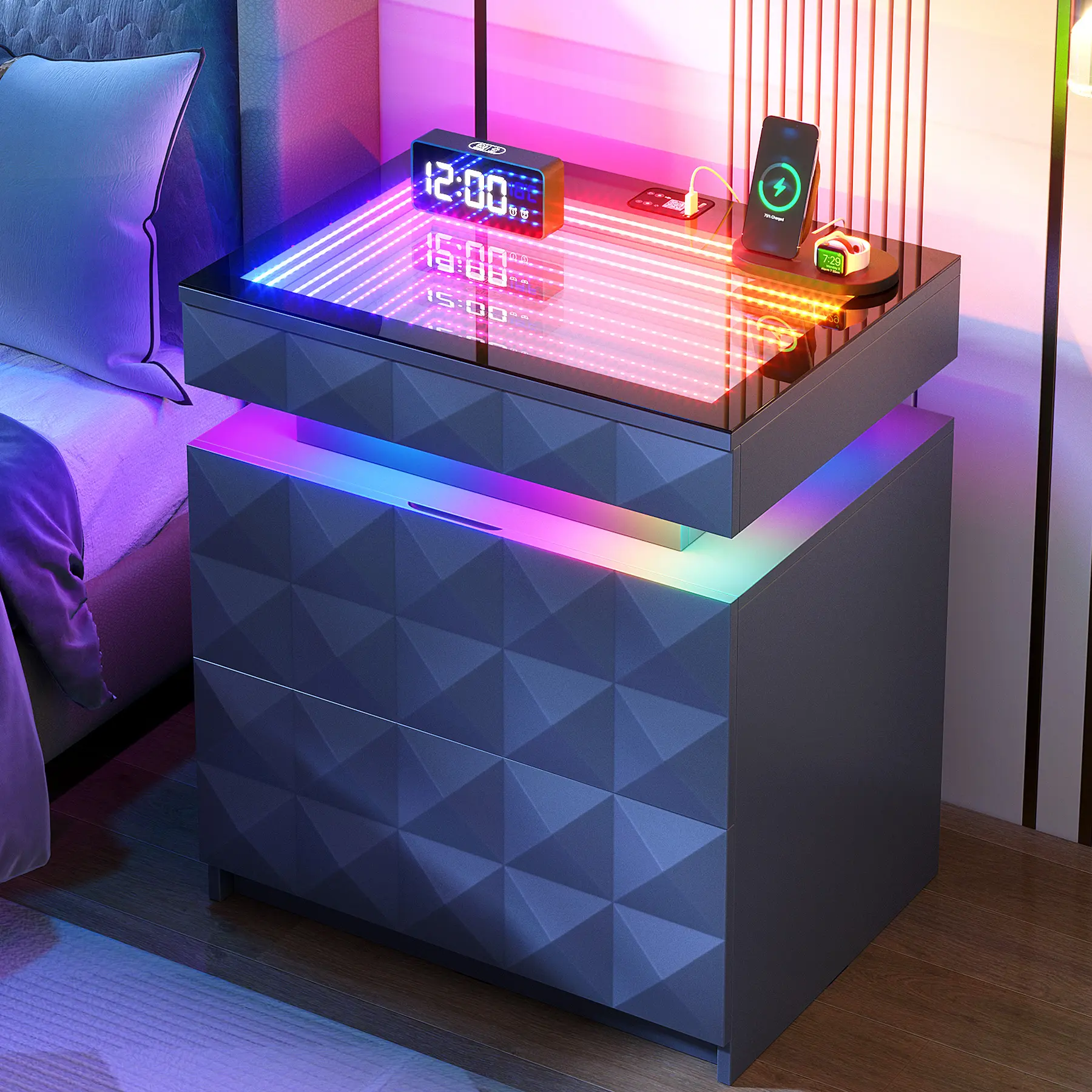 FREDEES Contemporary 3-Drawer Bedroom Nightstand - Lockable Drawer with Hidden Storage, Sliding Top, Tempered Glass-Look, Charging Station, RGB Lights, Metal Slides, Space Saving Furniture, Collectibles-Friendly, Electronic-Ready, Requires Assembly, Diamo