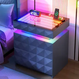 FREDEES Night Stand with Charging Station and RGB Lights, LED Nightstand with Tempered Glass and Sliding Top, 3 Drawers Bedside Table with Hidden Storage, Lockable End Side Table for Bedroom, Grey