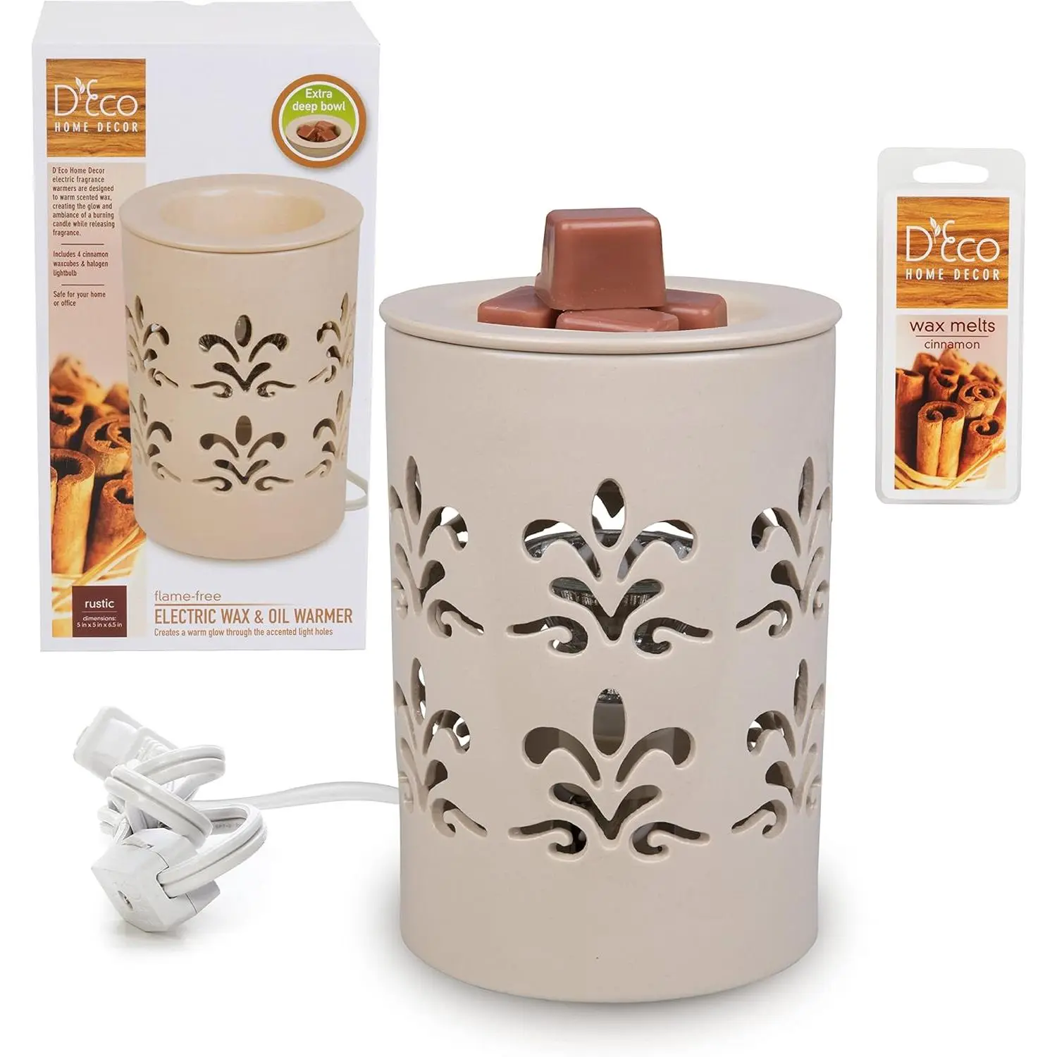D'Eco Fragrance Wax Melt Warmer - Electric Scented Tart, Oil & Candle Warmer w 6 Cinnamon Wax Cubes - Plug-in Halogen Bulb, Fills Room w Fresh Scents
