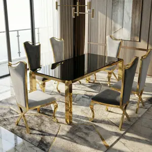 Luxury Gold Modern 63" Dining Table - 201 Stainless Steel PVD Plated, 10mm Black Tempered Glass, Seats 6  for Kitchen & Dining Room