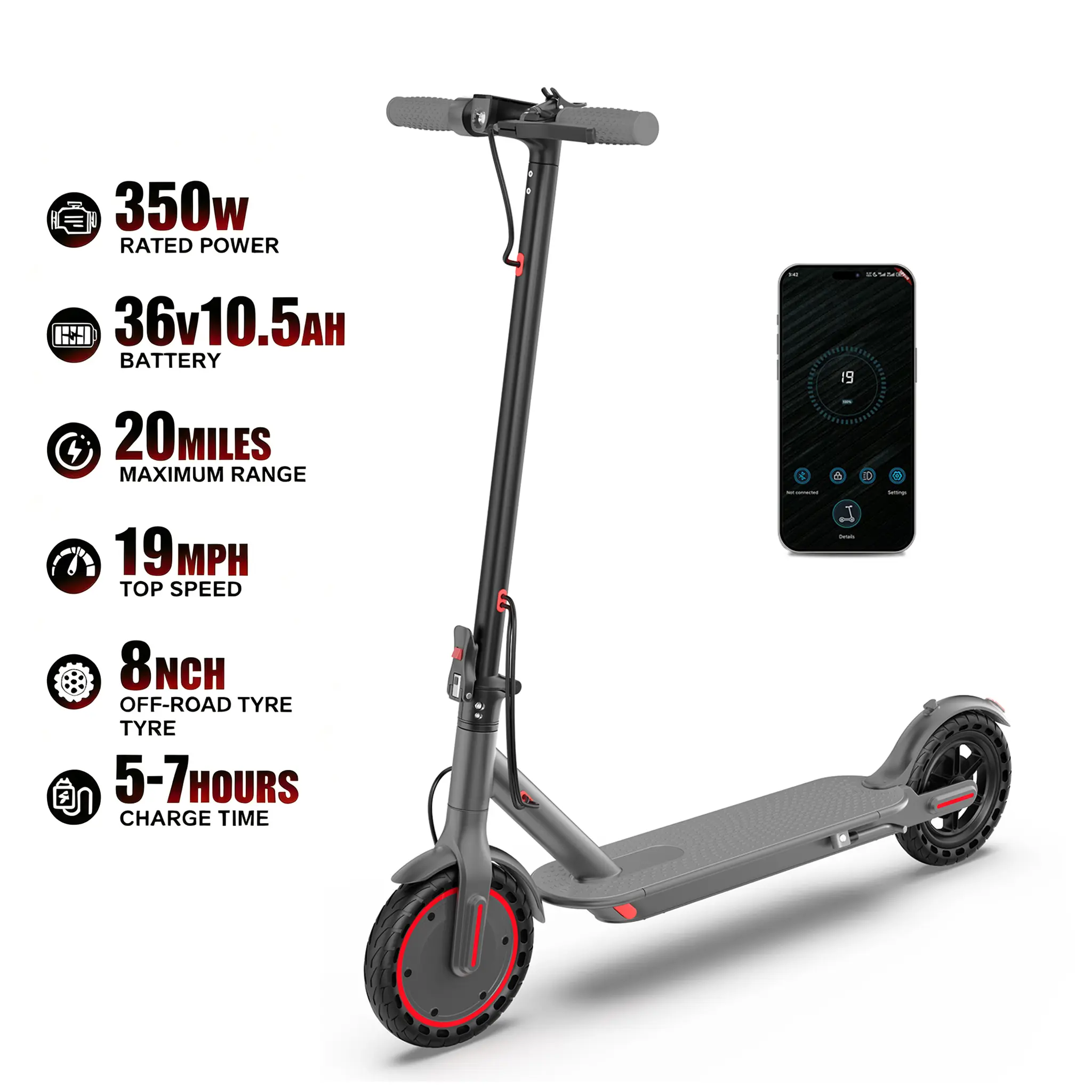 Electric Scooter - 350W Motor, 19 mph Top Speed, 15 mi Range, 8.5 in Honeycomb Solid Tires, Dual Braking System, Smart App Control, Multifunctional Alloy Build, Eco-Friendly Travel for Commuters & Students, foldable adult scooter.