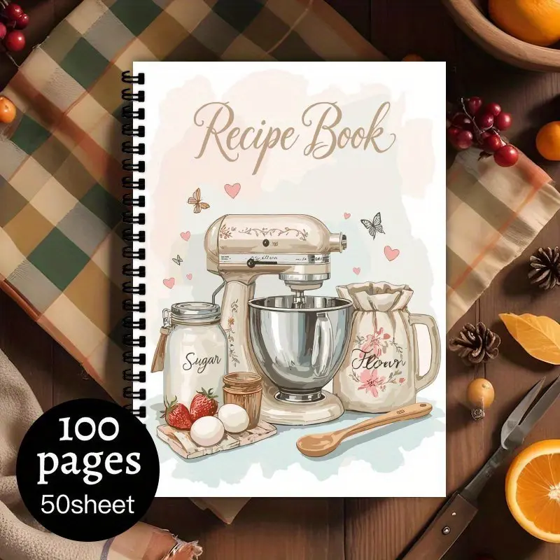 1 Vintage Spiral Binding Kitchen Cookbook - Elegant Recipe Organizer, Pastel Blender with Pot Design, Blank Page Cooking Plan, Home Chef with Gifts for Baking Lovers, Charming Illustrations, Spiral Bound Notepad, Spiral Bound Notebook, Aesthetic Notebook