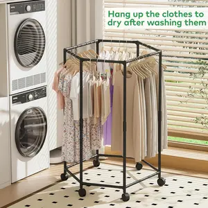 Movable 360 Degree Rotation Coat Stand Hexagonal Thick Frame Wheeled Design Space Saving Garment Rack for Indoor Home Bedroom Dorm Daily Use Floor Coat Rack