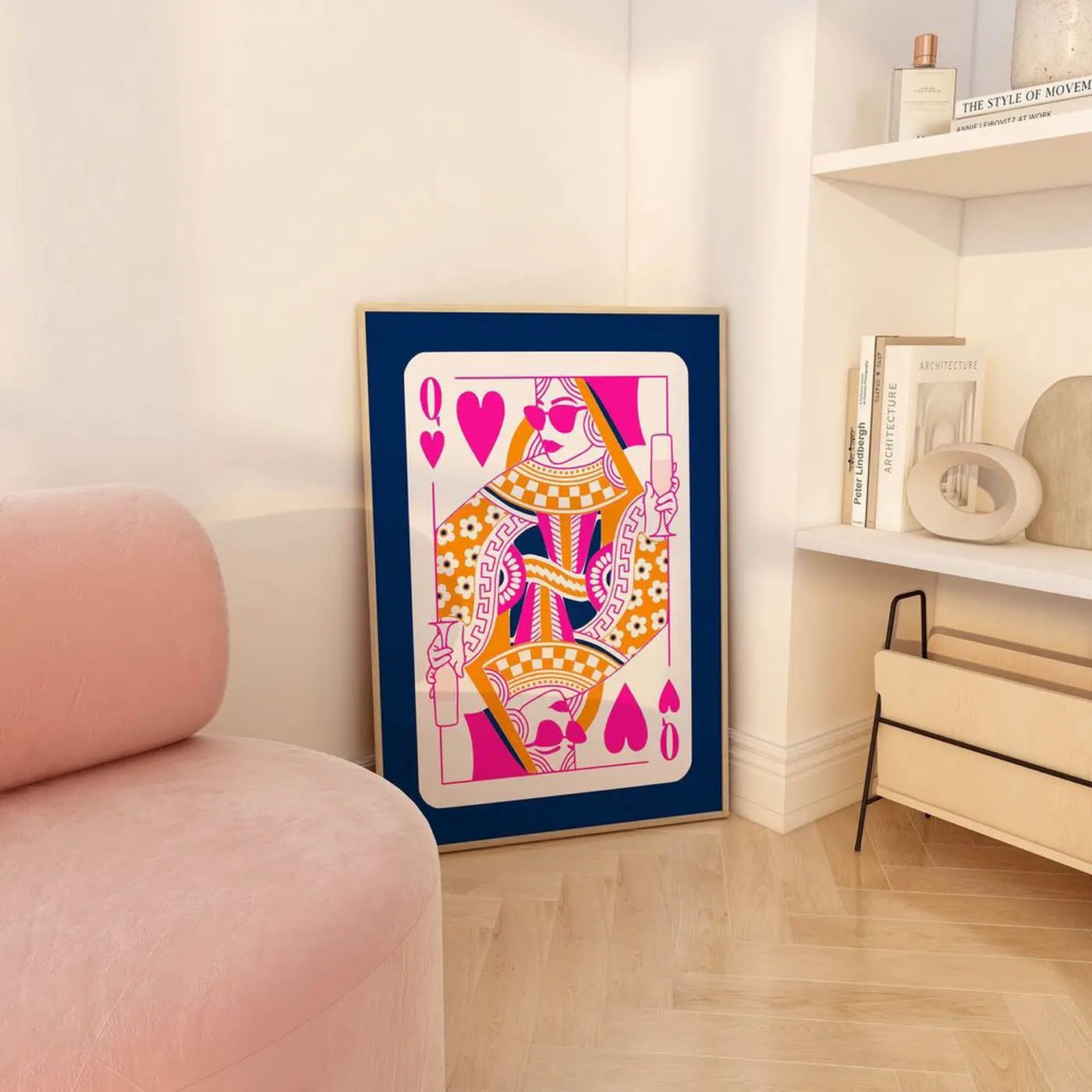 Queen of hearts maximalist wall art funky poster, pink and orange wall art dorm decor bar cart print, retro wall art trendy apartment decor