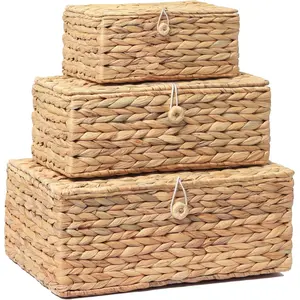 Set of 3 Wicker Storage Baskets with Lid, Large Rectangular Rattan Basket Decorative Boxes 15"L x 12"W x 7"H, Natural Water Hyacinth Wicker Basket for Shelf Organizer, Nursery Room