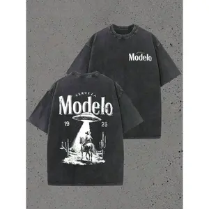 Modelo UFO Cowboy Graphic-Shirt – 230g Heavyweight Vintage Washed Cotton Retro Streetwear Tee With Cerveza Modelo Letter Print, UFO Western Cowboy Desert Scene Design, Y2K Oversized Casual Short Sleeve Men's Summer Fashion Graphic tee