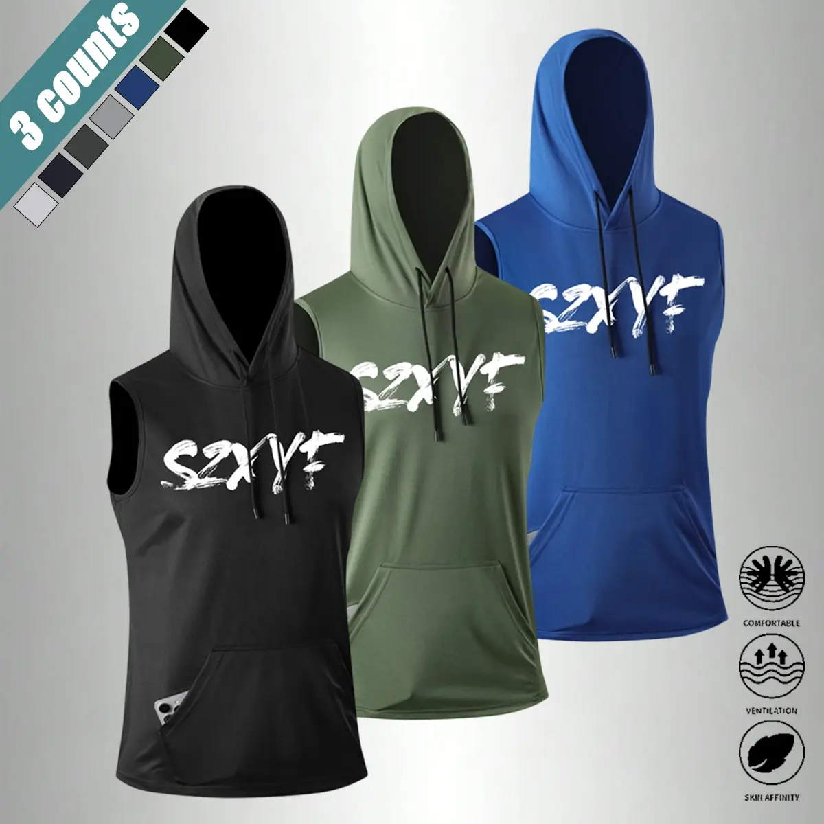 Men's 3-Pack Hooded Tank Top, Quick-Dry Letter Print Jersey Singlet with Kangaroo Pocket, Breathable Activewear for Running & Gym, Sporty Sports Tops, Lightweight High-Performance Men's Sports Singlet