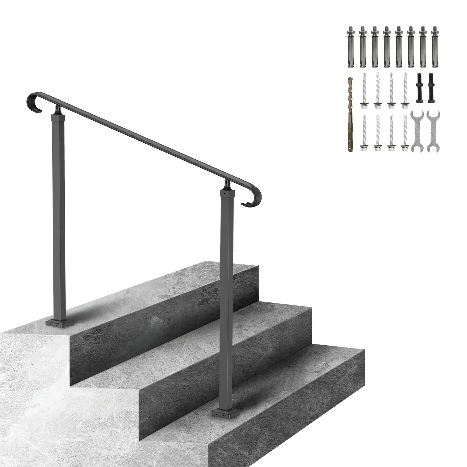 VEVOR Wrought Iron Outdoor Stair Railing Complete Kit with Curly Side, 1-3 Steps Flexible Fit, 23.6 in/60 cm Adjustable Porch Rail for Concrete/Wooden Stairs, Rain-Resistant Home Improvement Supply for Home Safety (Comfortable Grip for Pregnant, Children)