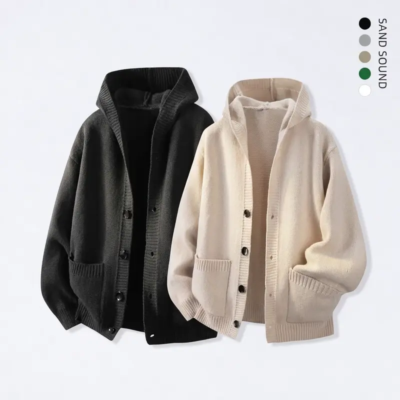 SAND SOUND Unisex Hooded Knit Cardigan, Button-Front Long Sleeve Sweater with Ribbed Trim and Front Pockets, Cozy Relaxed-Fit Layer for Everyday Casual Wear, Streetwear, Campus Outfits, and Fall Winter Styling