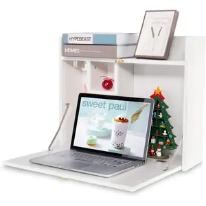 Wall Mounted Table, Multifunctional Fold Down Wall Mounted Laptop Computer Desk with Storage Compartments for Home, Office, White