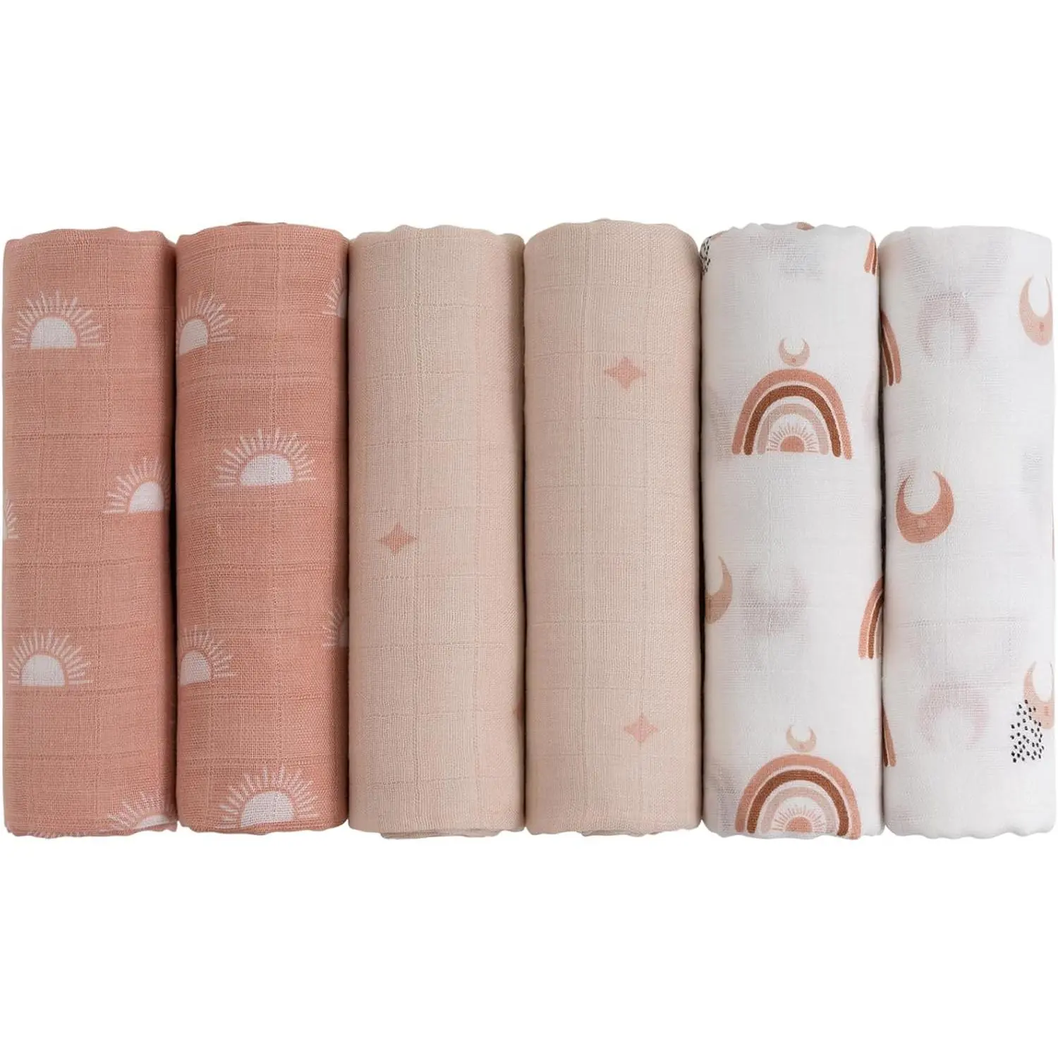 P-AS04    Receiving Blanket Boy Cotton Muslin Swaddle Blankets Girl Newborn Squares Breathable & Soft Thin Baby Blankets Cloths Double Absorbent Infant Swaddling Wrap - 6 Pack (Sun)