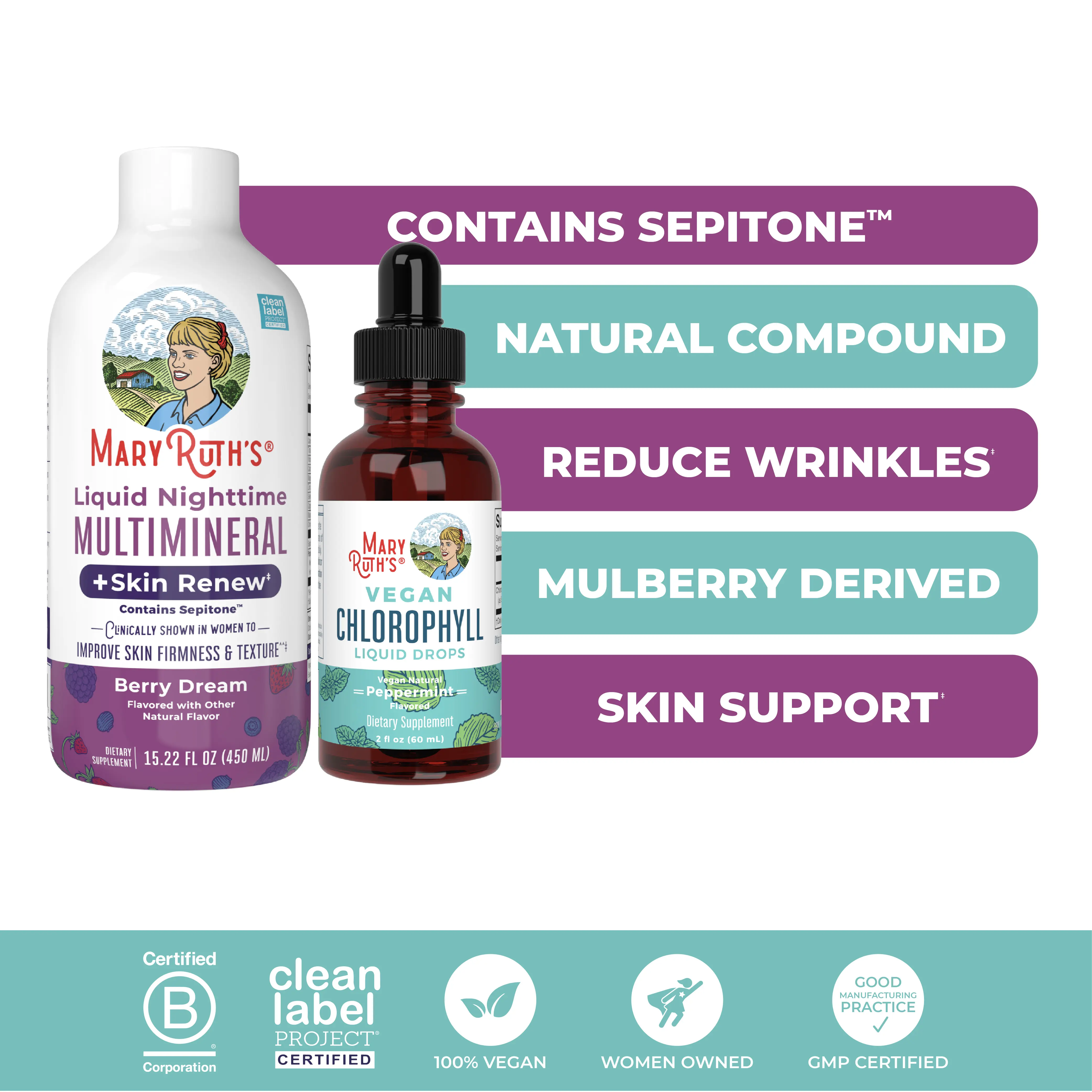 MaryRuth's Chlorophyll + Liquid Multimineral & Skin Renew Bundle - Vegan Chlorophyll Liquid Drops 2 oz - Liquid Nighttime Multimineral + Skin Renew