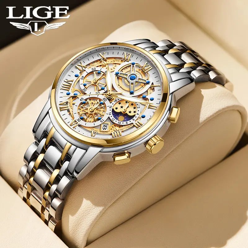 Lige Men's Business-Leisure Quartz Analog Wristwatch - Mineral Glass Dial, Round Watch Face, Metal Buckle, Luminous Night Glow Feature, Men's Watches, Watches