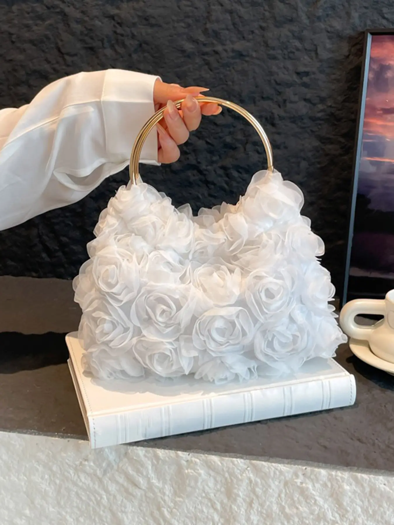 Valentine's Day gift, exquisite cloud bag with rose shaped decoration and circular handle decoration, Elegant bags, handbag, Evening bag, suitable for dates, afternoon tea, and dinners, Floral Embossed Handbag