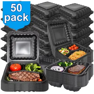 50-Pack Reusable 3-Compartment Microwave Safe Plastic Food Storage Lunch Boxes with Leakproof Flip-Top Lids, Portable Stackable Heat-Resistant Meal Prep Containers, Dishwasher Safe, Ideal for Picnic Lunch, Camping