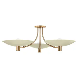 Wolfe 3-Light Semi-Flush Ceiling Light in Soft Sand and Patina Brass - Mid-Century Modern Design