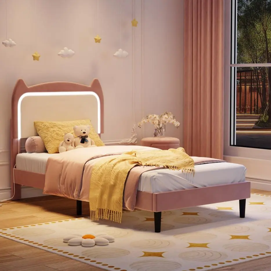 Pink Twin Velvet Upholstered LED Princess Bed Frame with Cute Cat Headboard, Strong Silent Wood Slats Support, No Box Spring Needed, for Girls' Princess Rooms, LED Light Upholstered Bed Frames