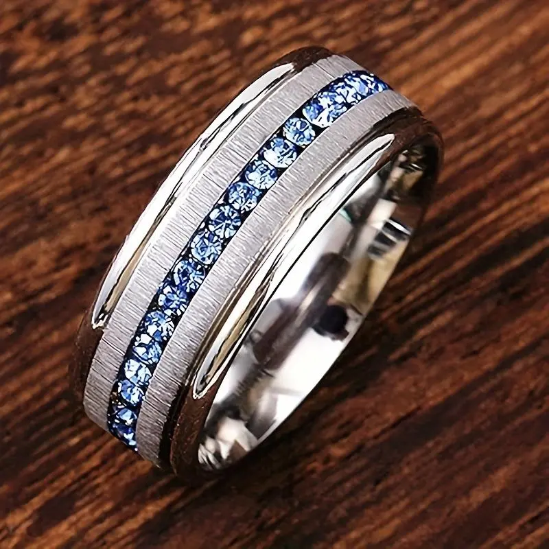 Men's Classic Band Ring, 8mm Geometric Stainless Steel Jewelry with a Single Row of Blue Rhinestones for Daily Wear, Gingham, Classic Band Rings, Elegant Ring, Anti-Rust Steel Rings