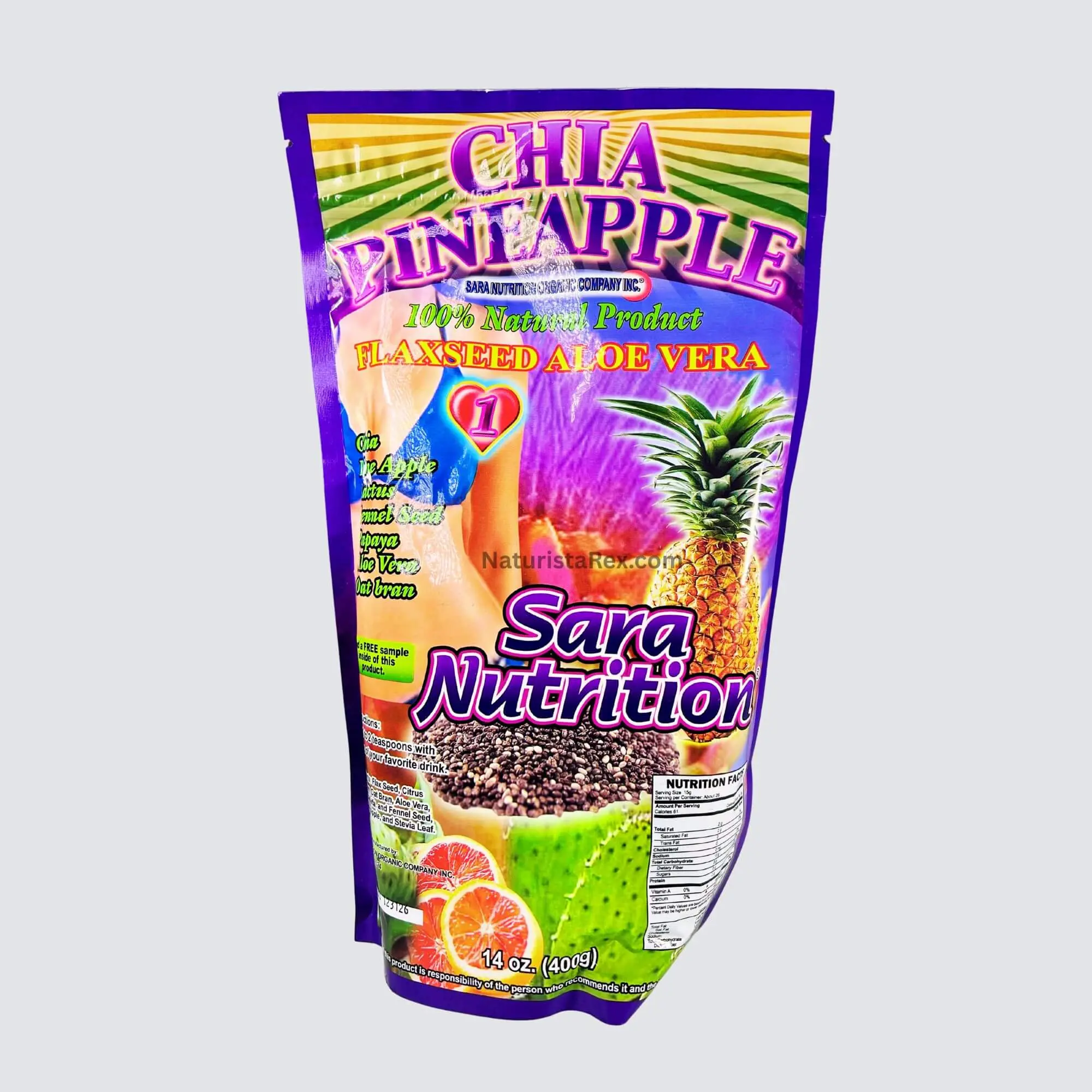 Chia Pineapple Flaxseed /Aloe Vera (Linaza Savila) by Sara-Nutrition - 14 oz Powder
