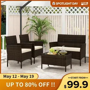 COSTWAY Outdoor Patio Rattan Furniture, 2/3/4 Pieces Sofa Set with Cushions & Coffee Table, Modern Patented Wicker Loveseat-Deals for You Days