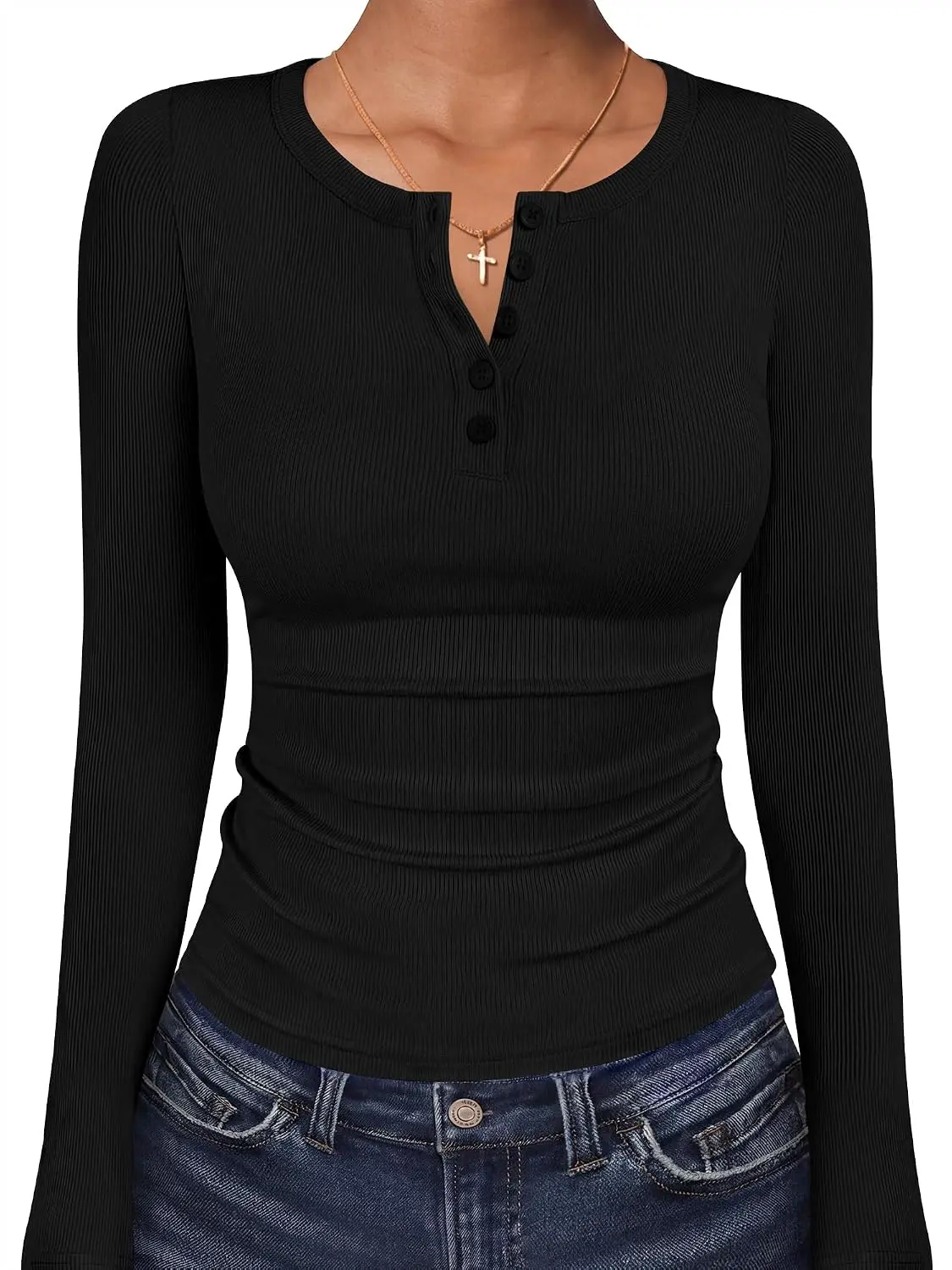 ANRABESS Women's Long Sleeve Henley Shirts | Ribbed Knit Tops, Slim Fit, Soft Breathable Stretch Fabric, Casual Office Travel Everyday Wear, Fall Winter Clothing