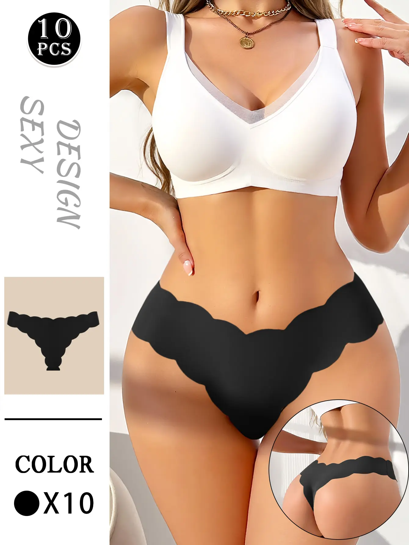 Hotcom Women's 10PCS High Waist Pure Black Scallop Trimmed Thong Panties - Minimalist, Sexy, Plus Size, Seamless, Breathable Underwear for Daily All-Season Wear summerwins