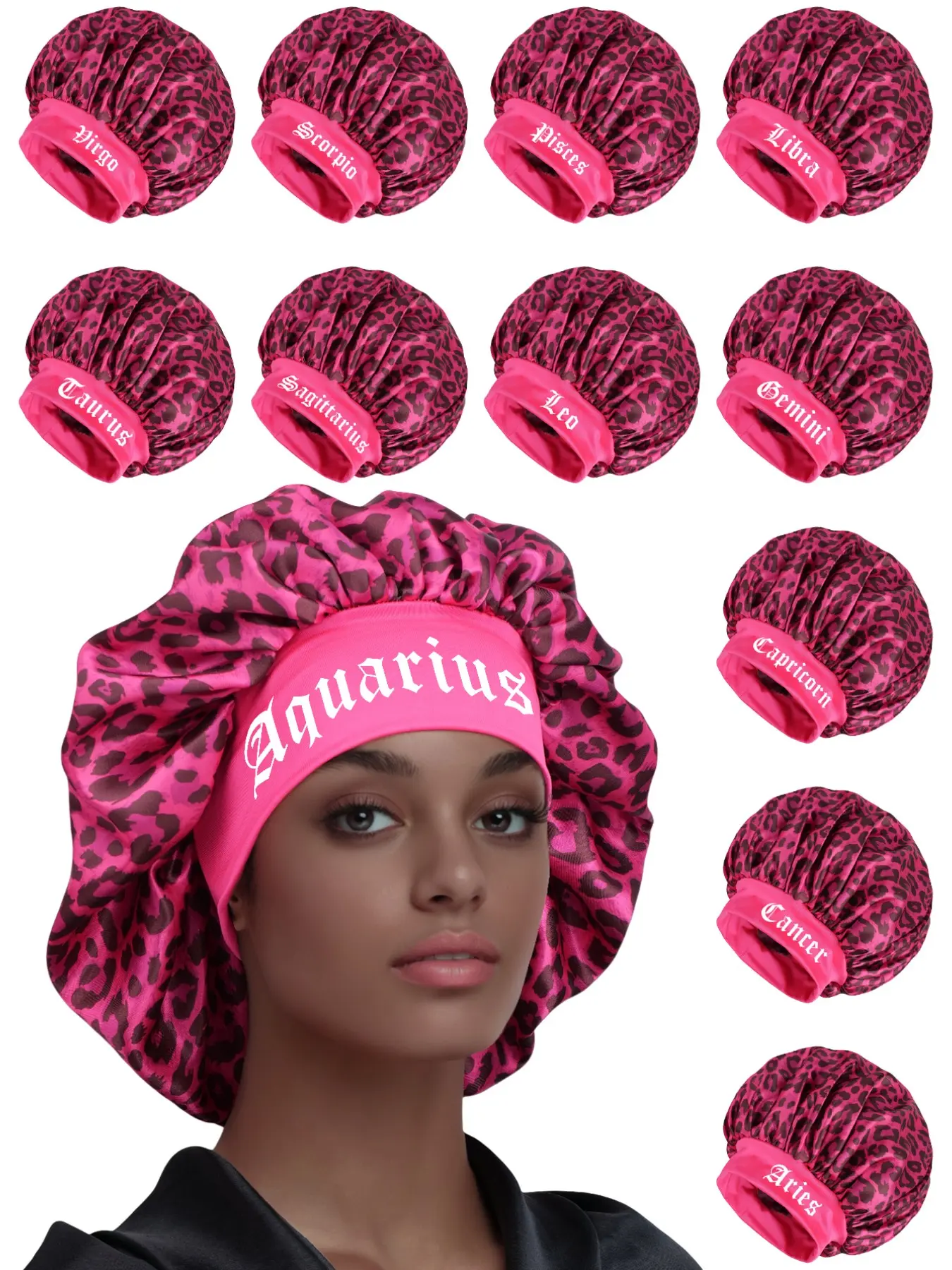Multi-Purpose Women's Sleep Cap with Zodiac Letter Print, Waterproof Elastic Hair Cap, Available in Multiple Colors for Daily Use & Showers, Bonnets for Sleeping