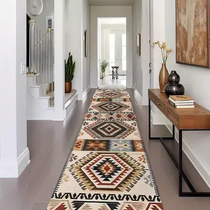 Bohemian Style Hallway Rug, Geometric Diamond & Ethnic Patterns, Flannel Runner, Non-Slip Design, Indoor Use