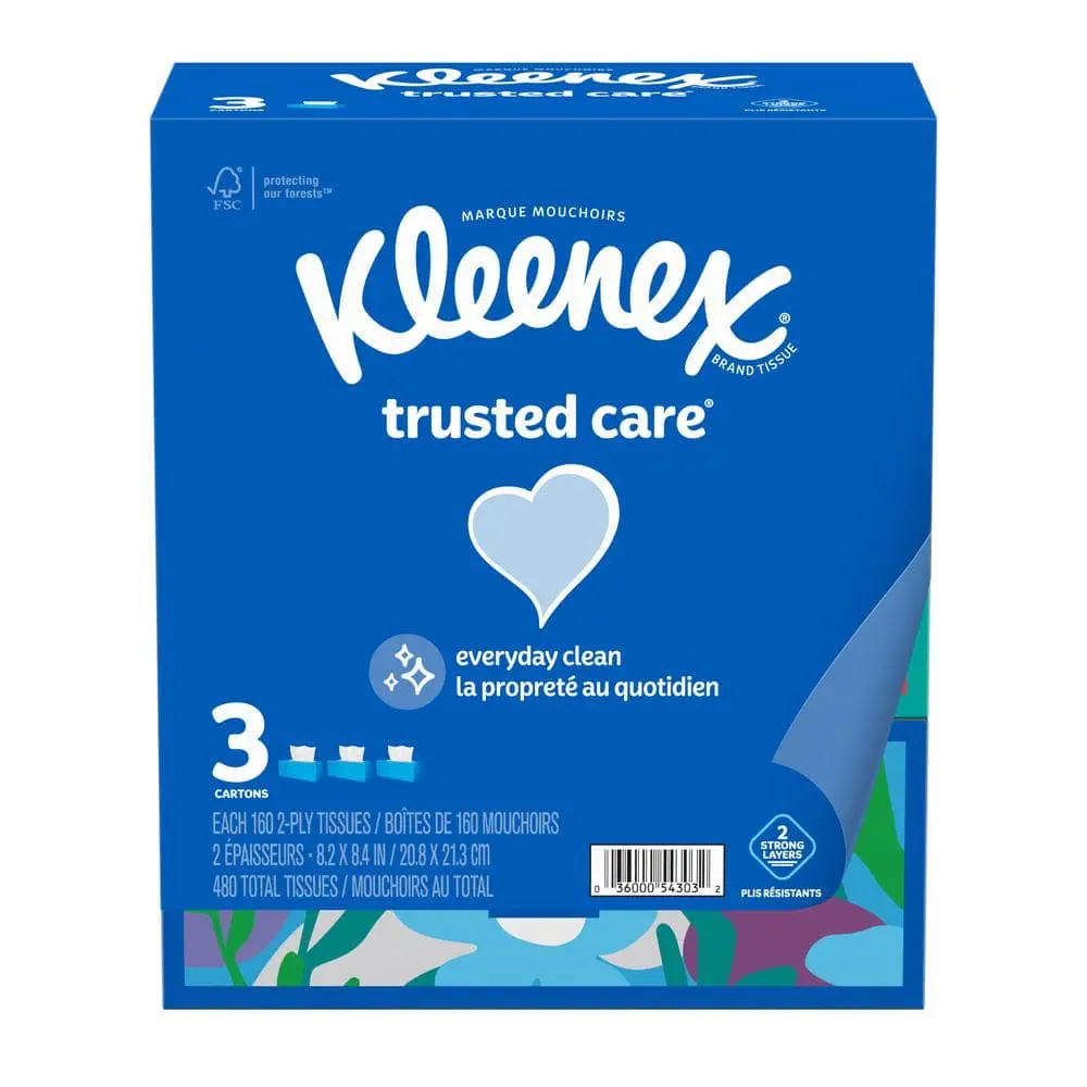 Kleenex Trusted Care 2-Ply Facial Tissues - Unscented, Soft, Thick, Strong, Super Absorbent, Durable, Non-Toxic, Skin-Friendly Flat Pack Boxes (160 Sheets Per Box, Home Care Supply for Family or Guests)