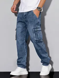 Men'S Casual Work Jeans with a Loose Fit And Straight Legs, Made from Elastic Denim for Comfort And Relaxation. These Heavy-Duty, Washed Classic Western Jeans Come in a Retro Blue Color, Feature Multiple Designer Pockets