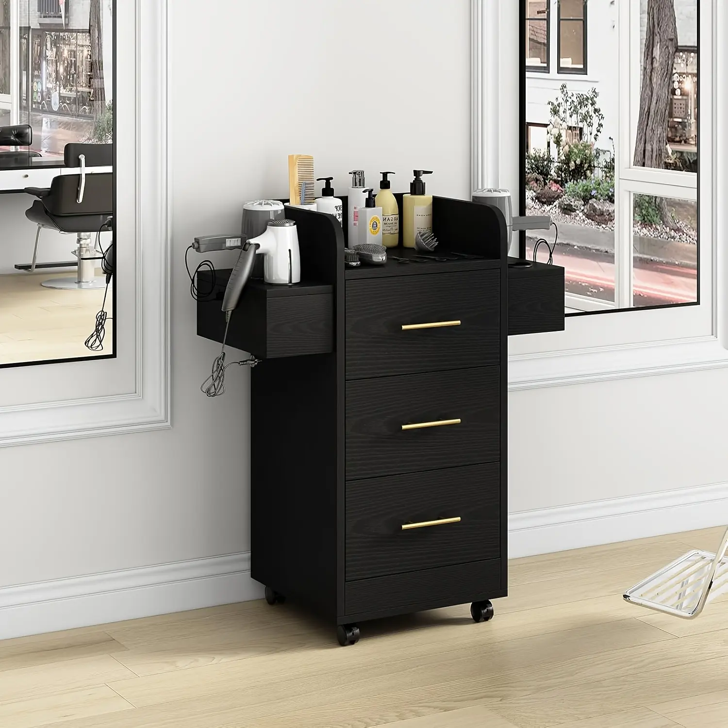 [SummerWins] HOMBCK Beauty Salon Station with 3 Drawers, Rolling Station for Hair Stylist, Hair Salon Station Storage Cabinet on Wheels, Wood Stylist Storage Cabinet with 6 Hair Dryer Holders, White/Gold#home essentials#back to school